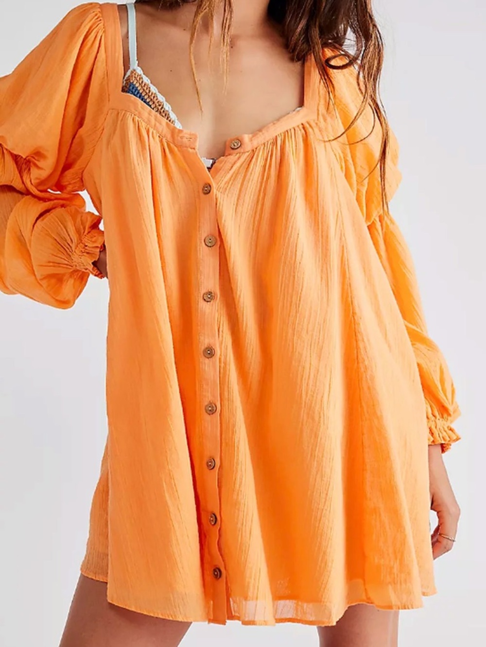 Free People So Fresh Tunic Orange Cotton Gauze Boho Mini Dress XS